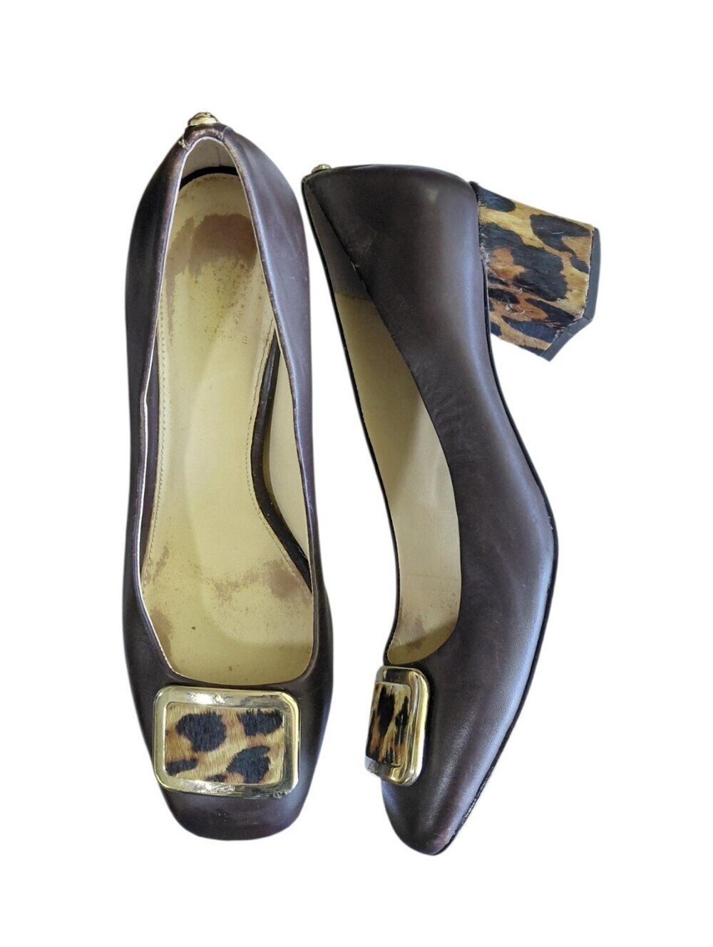 Vince Camuto Dark Brown Leather Block Heels with Leopard Trim